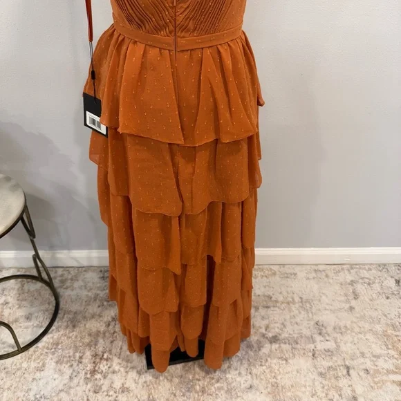 leena For Mac Duggal Burnt Orange Polka Dot Ruffle Tiered Maxi Gown - Reemoly